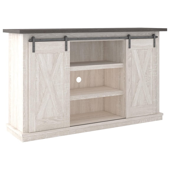 Signature Design by Ashley Camiburg Farmhouse TV Stand Fits TVs up to 50" with Sliding Barn Doors and Storage Shelves, Dark Brown