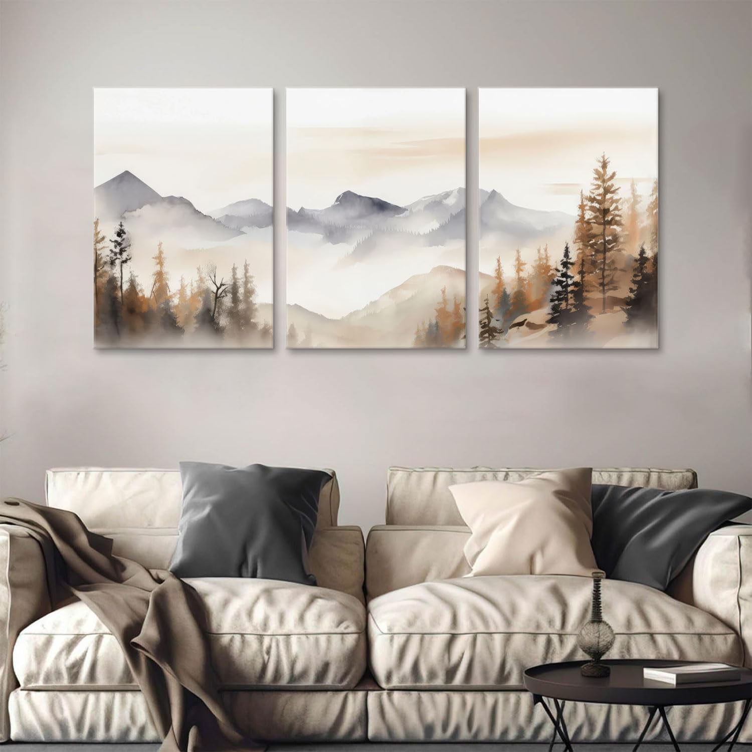 Mountain Wall Art,Mountain Wall Decor,Neutral Landscape Canvas Wall Art, Forest Painting Prints Set of 3 Nature Watercolor Picture Poster for Living Room Bedroom Bathroom 12"x16" Framed