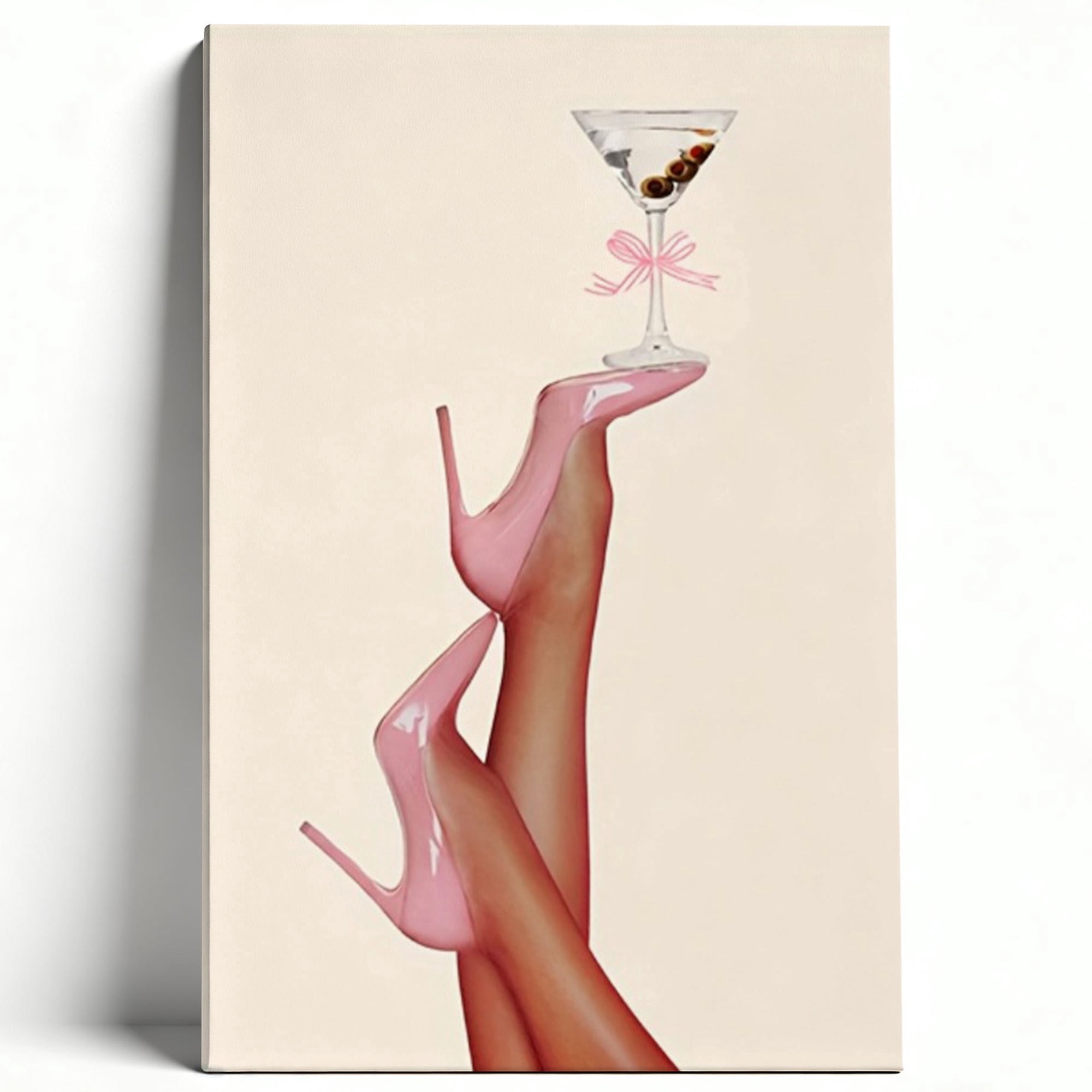Pink High Heels Martini Glass Canvas Wall Art, Glam Fashion Illustration Print, Framed Modern Bar Decor for Living Room & Bedroom, Chic Diva Home Office Art 8*12inch(20*30cm)