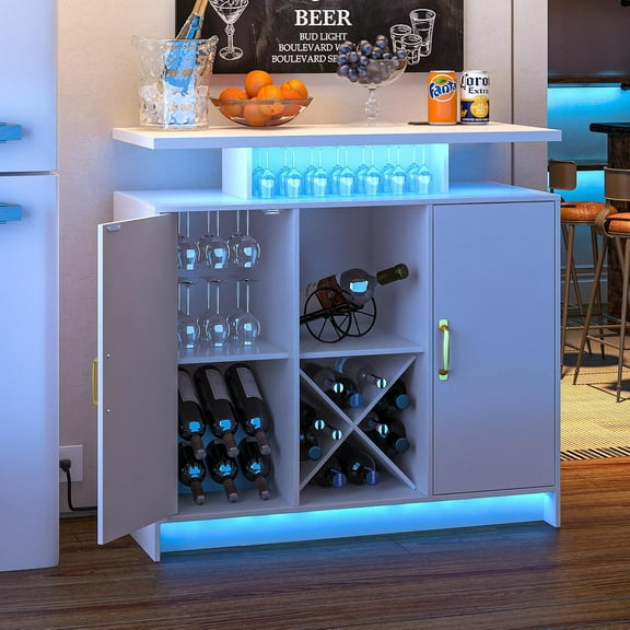 Wine Bar Cabinet with Power Outlet and LED Light, Coffee Bar Cabinet with Wine Rack, Storage Shelves and Cabinets, Large Space Liquor Cabinets for Kitchen Dining Room Living Room, White