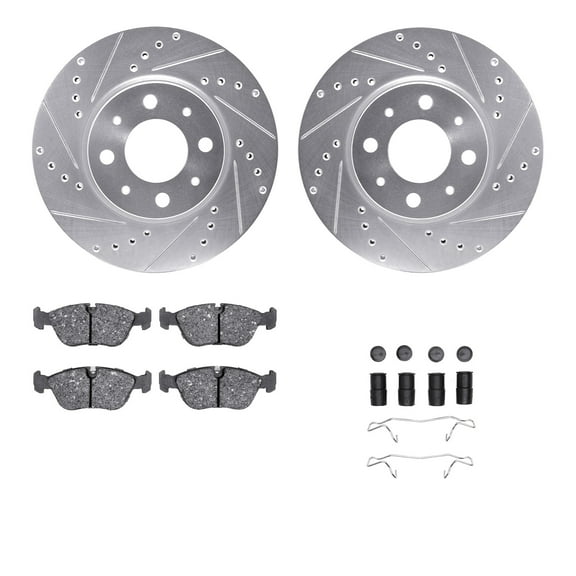 Dynamic Friction Company Front Brake Rotors-Drilled and Slotted-Silver with 5000 Advanced Brake Pads includes Hardware 7512-27019