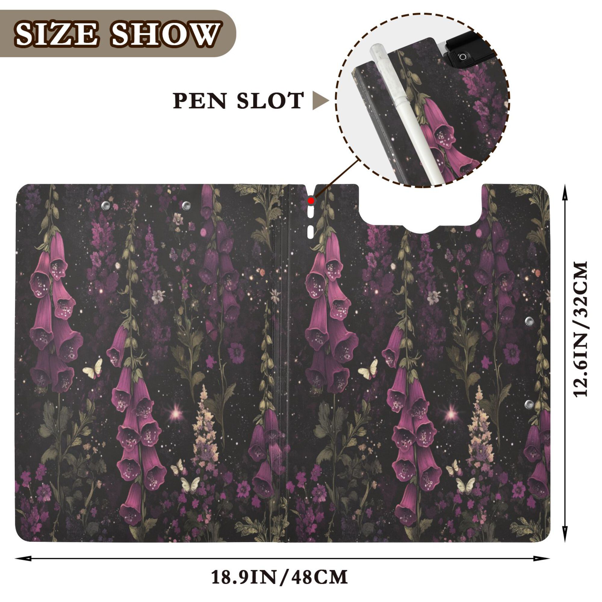 FORMRS A4 Clipboard Folder with Pen Holder Horizontal Foldable School Office Binder, Dark Purple Floral Pattern