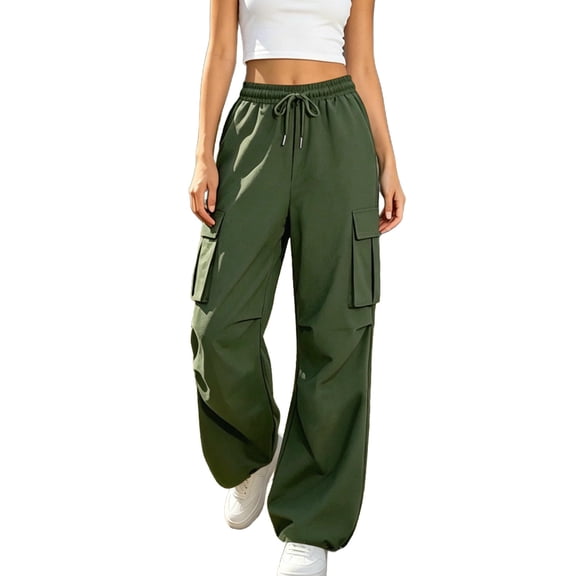 cocolona Womens Solid Color Casual Cargo Pants Elastic Waist Drawstring Straight Outdoor Hiking Pants with Pockets