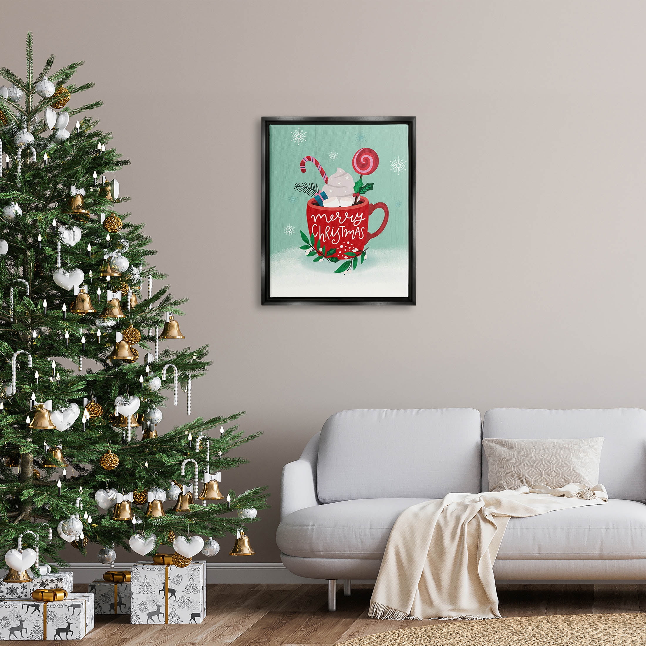 Merry Christmas Warm Cocoa Holiday Graphic Art Jet Black Framed Art Print Wall Art