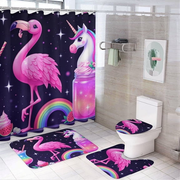 Unicorn Flamingo Rainbow Fantasy Shower Curtain Set Modern Bathroom Decor Mats 4pcs Fabric Bathroom Curtain Slip Floor Rug Toilet Lid