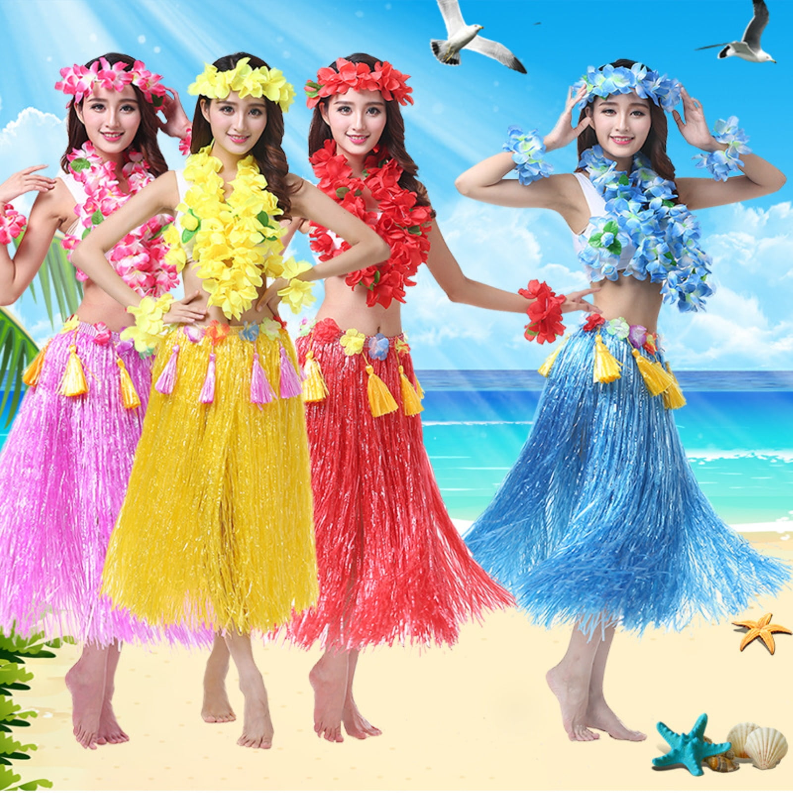 Adult Adjustable Hawaiian Grass Skirt Hula Fancy Dress Costume 5 Pieces Set 