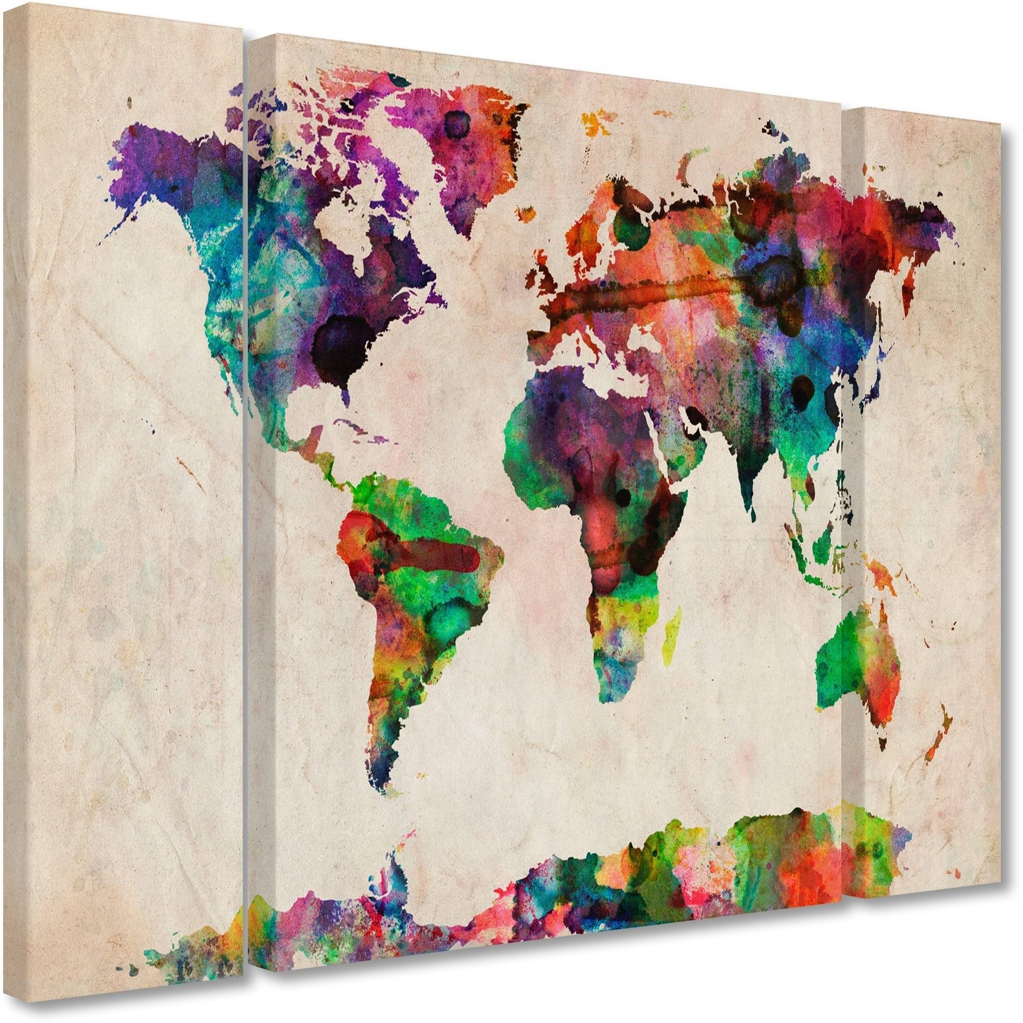Trademark Fine Art "Watercolor World Map" Canvas Art by Michael Tompsett Three Panel Set