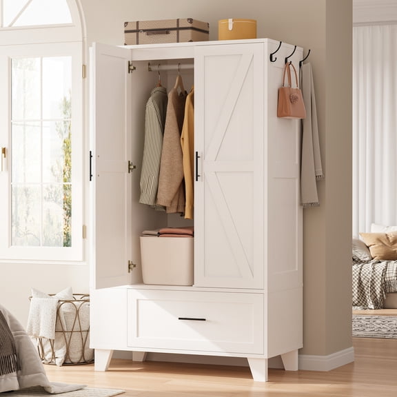 White 67" Tall Armoire Wardrobe Closet with Mirror, Drawer, Side Storage Shelves and Hanging Rod