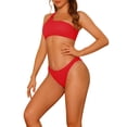 thumbnail image 4 of Conjuntos de bikini de un solo hombro para mujer, 2 piezas, parte inferior triangular asimétrica con canalé, trajes de baño deportivos grandes en rojo, 4 of 5