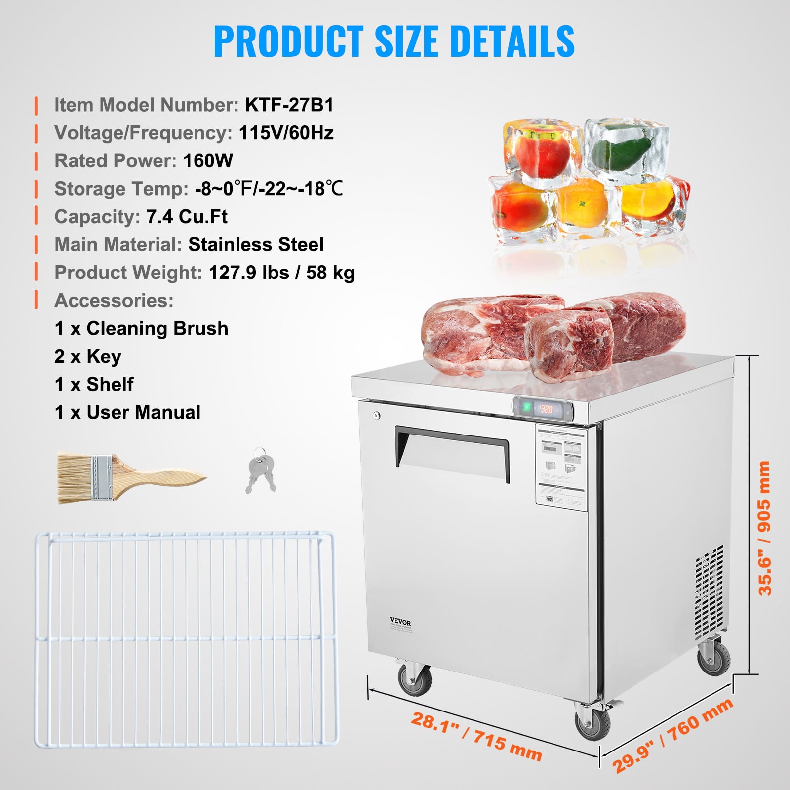 VEVOR 28" Commercial Frozen Refrigerator Sandwich & Salad Prep Table, 7.4 Cu. Ft Stainless Steel Refrigerated Food Prep Station with 1 Door, Frost Free Refrigerator