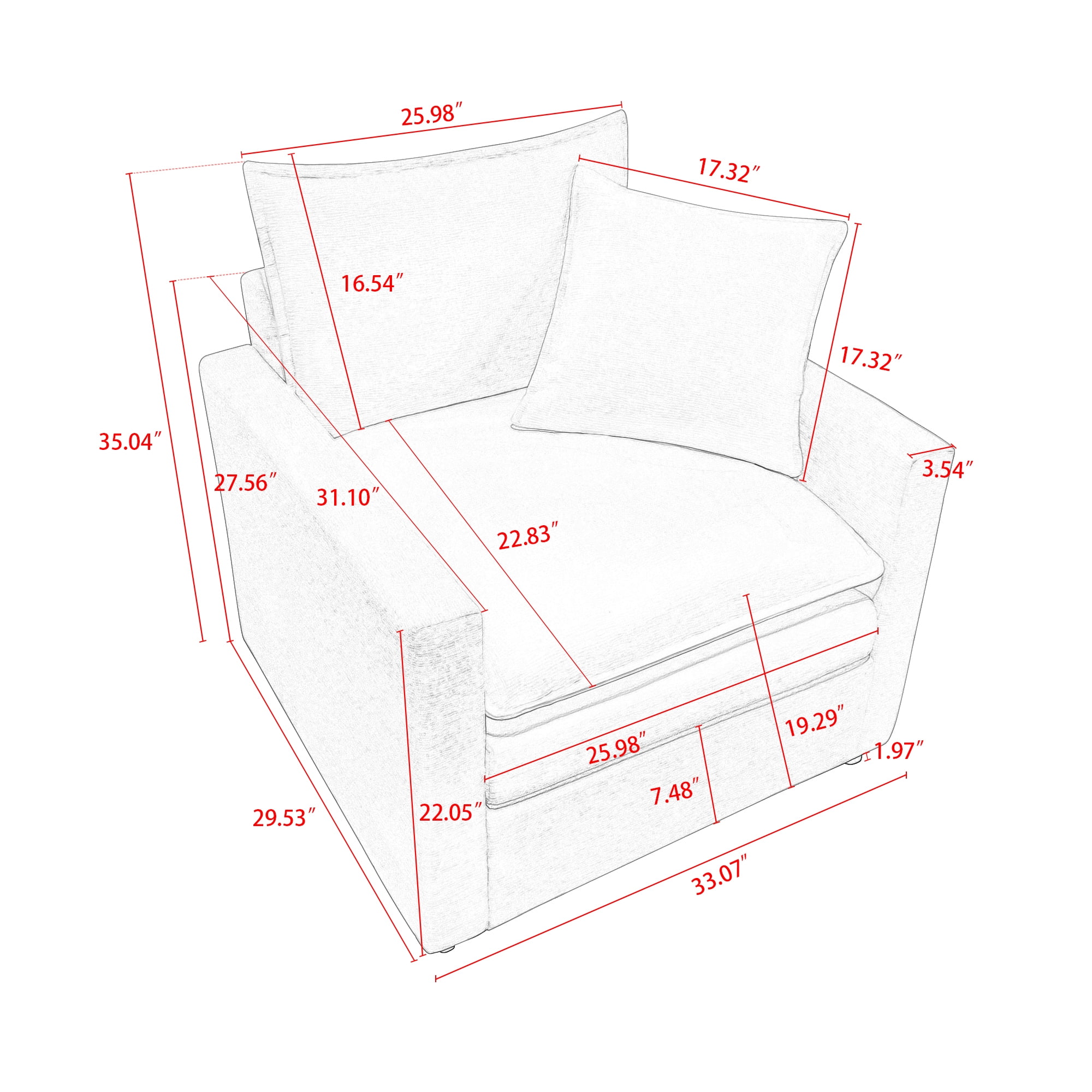 DEALTOPS 33"W Chenille Fabric Comfy Single Seat Sofa Upholstered Reading Armchair for Living Room-White