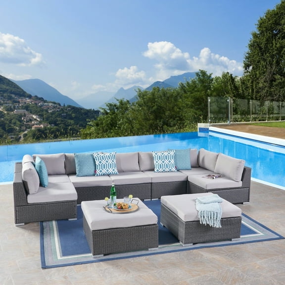 GDF Studio Ben Outdoor 7 Seater Wicker Sectional Sofa Set, Multibrown and Beige