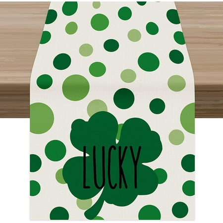 

JOOCAR St. Patrick s Day Table Runner Green Four Leaf Clover Lucky Pocar Dots 13x72 Inch Table Runner for Kitchen Dining Table Holiday Decoration