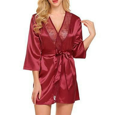 - Women Satin Lace Silk Underwear Lingerie Nightdress Sleepwear Robe Plus Size Red S