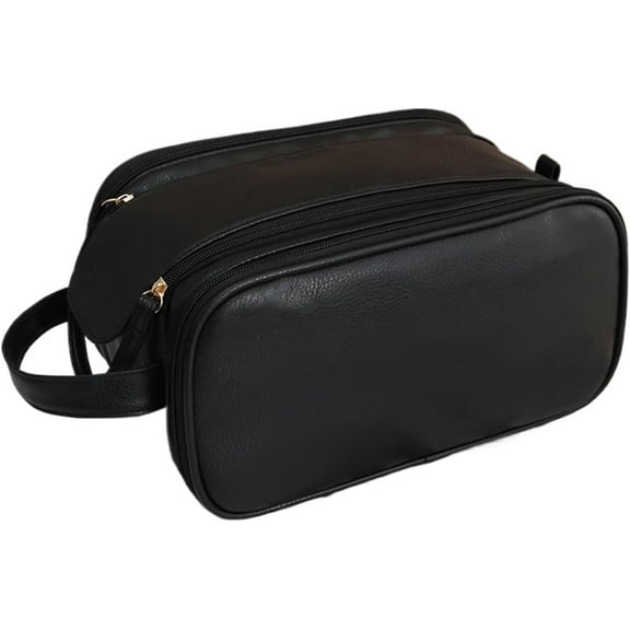 Travel Toiletry bag for Men PU Triple-layer Double Zipper Toiletry Bags,Waterproof with Handle Mens Toiletry Bag Stowable Brushes, Toiletries Makeup for Business Trips Camping Bathroom Black