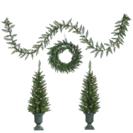 Sterling 4PC Norway Pine Set: Pre-Lit Potted Trees, Unlit Wreath, & Pre-lit Garland