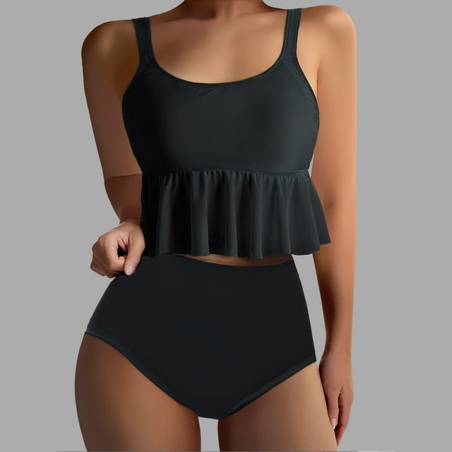 UPPADA Maillots de Bain 2 Pcs pour Femmes Haut Tankini Blouson et Bas Short Maillot de Bain Col Ras du Cou Bretelles Doubles Ajustables Contrôle du Ventre Maillots de Bain avec Soutien-Gorge en Liquidation Noir,m
