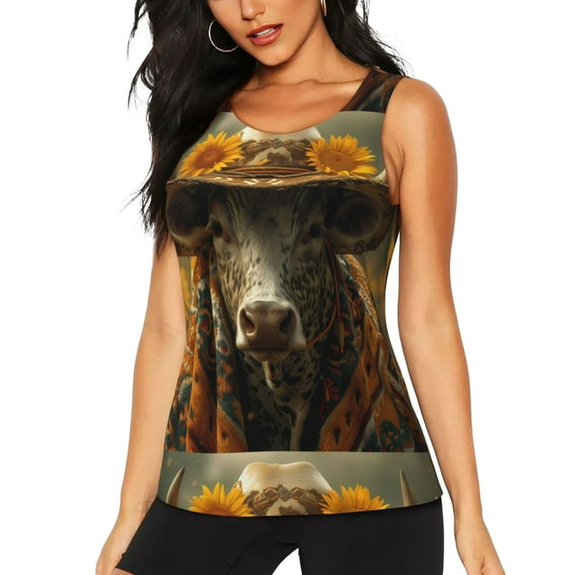 Balery Sunflower Cowboy Hat Cow Camiseta sin mangas estampada ligera para mujer, tops de entrenamiento sin mangas, camisetas de yoga transpirables de secado rápido.-Large