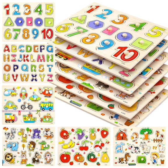 HiberyHom Wooden Puzzles for Toddlers, 6 Pack Educational Peg Puzzles Montessori Toys, Learning Puzzles for Kids with Alphabet Number Animal Vehicle Shape