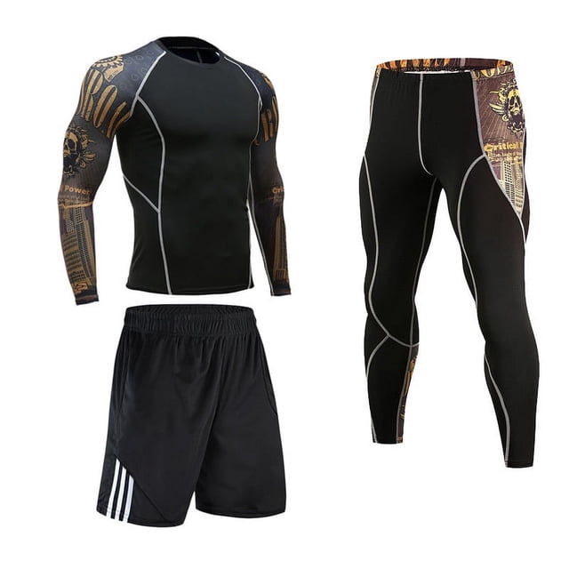 traje deportivo de hombre, mallas de manga larga, ropa deportiva de secado rápido para hombre, ropa deportiva de secado rápido, ropa de entrenamiento de baloncesto pro Conjunto negro: camiseta de manga larga de ajuste ceñido con mangas estampadas doradas y costuras claras, mallas ajustadas negras con paneles estampados en la cintura y líneas de costura contrastantes, y short negro suelto con cinturilla elástica y tres franjas blancas laterales; ficha indica secado rápido, vista frontal sobre fondo blanco, ideal para entrenamiento, baloncesto y fitness, y a menudo usado para calentamiento en carrera o ciclismo.