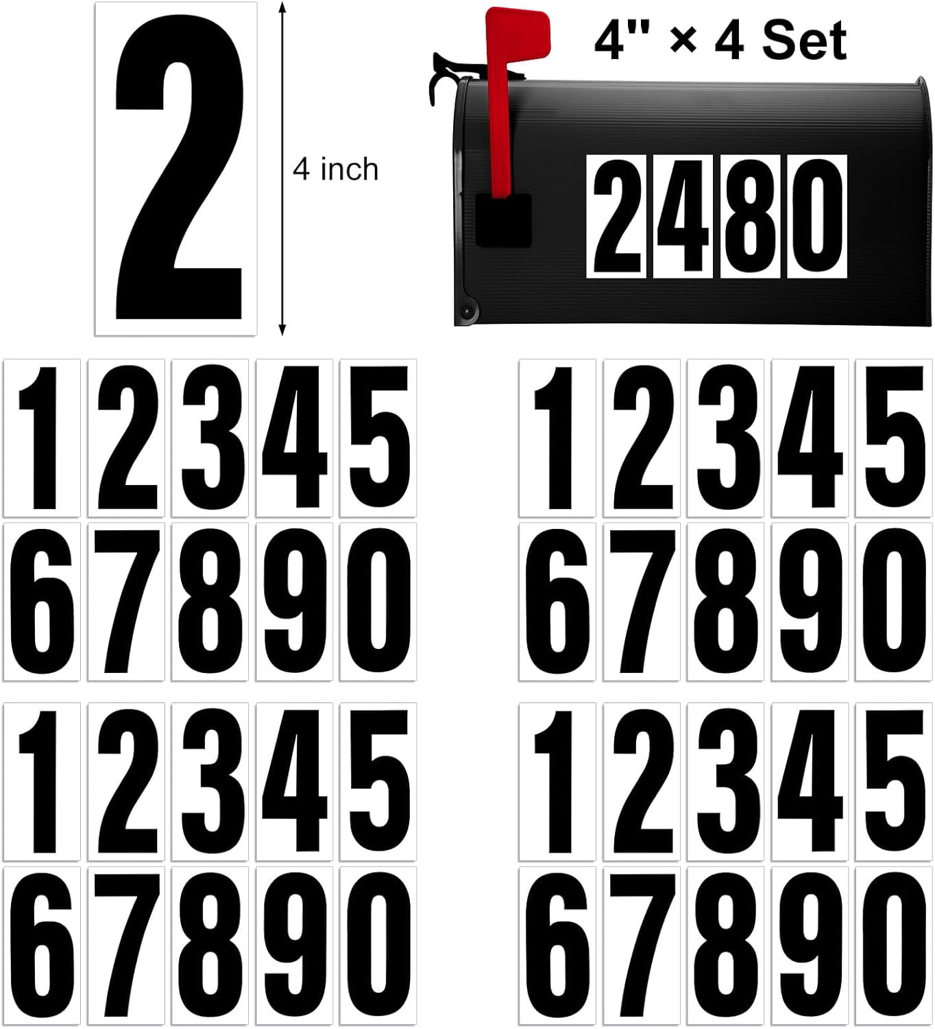 Reflective Number Stickers, 4 Sets 4 Inch Vinyl Waterproof Black Mailbox Numbers for Outside, Strong Self-Adhesive House Numbers Decals for Mailbox Door Signs Trucks