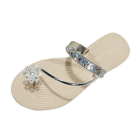 

KI-8jcuD Christma Slippers Ladies Fashion Solid Color Bright Leather Flower Rhinestone Cover Toe Straw Woven Flat Bottom Beach Sandals Fuzzy Feet Slippers For Women Arthritis Slippers For Women Clas