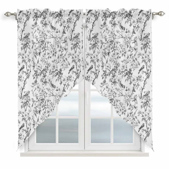 Grey Botanical Kitchen Window Curtains, Swag Curtains Valance for Bedroom Living Room Bathroom, Elegant Watercolor Botanical Birds Rod Pocket Window Treatment Curtain Block Drapes 2 Panels 36"x45"