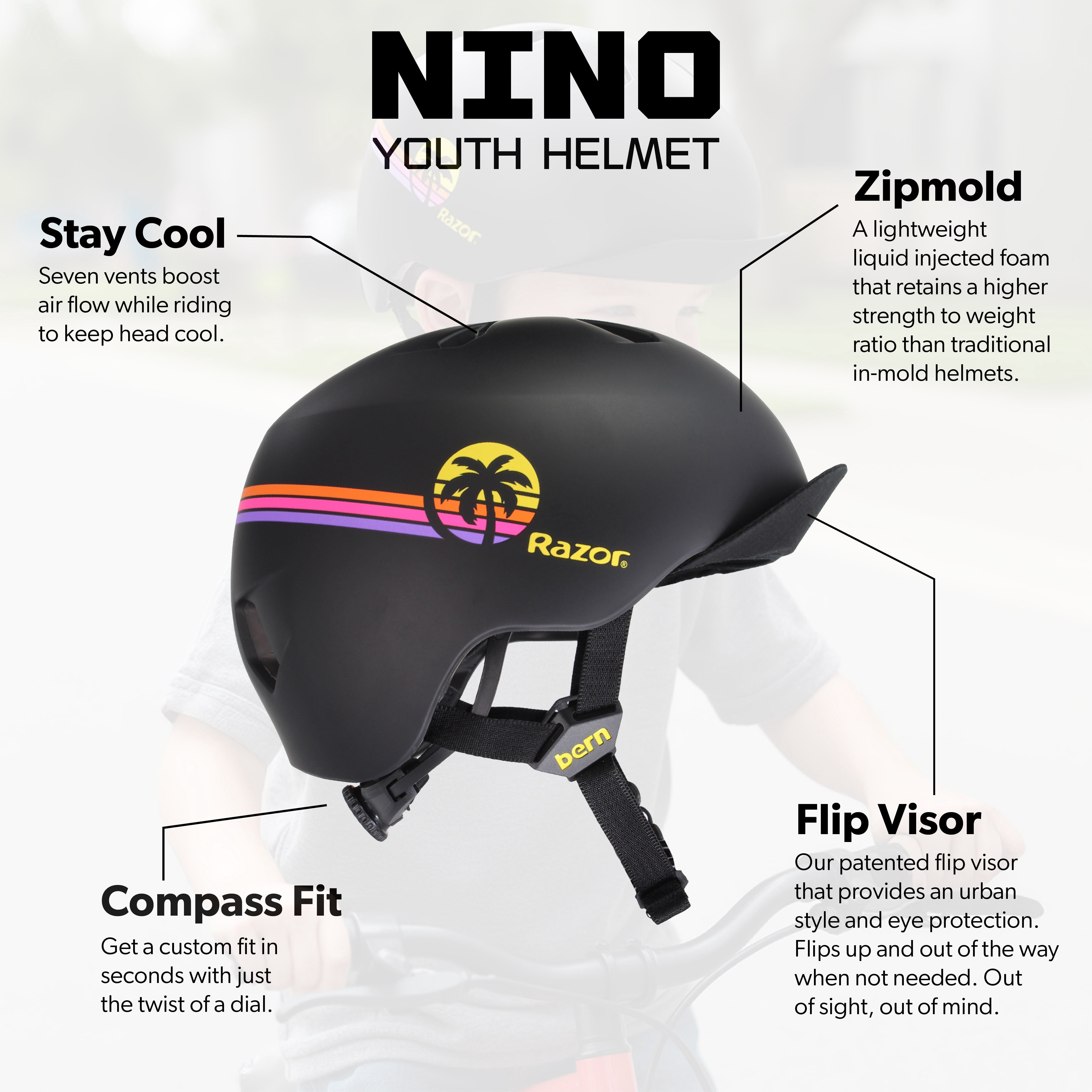 Nino Razor Matte Black Yellow Sunset Helmet w/ Visor - XS/S