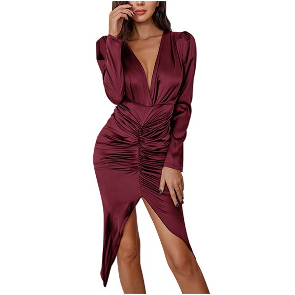 Cavosen Elegant Dresses for Women Formal V Neck Long Sleeve Bodycon Midi Evening Gowns Split Flowy Waist Shirred Sequins Ball Dress Elegant Wedding Guest Cocktail Party Dress