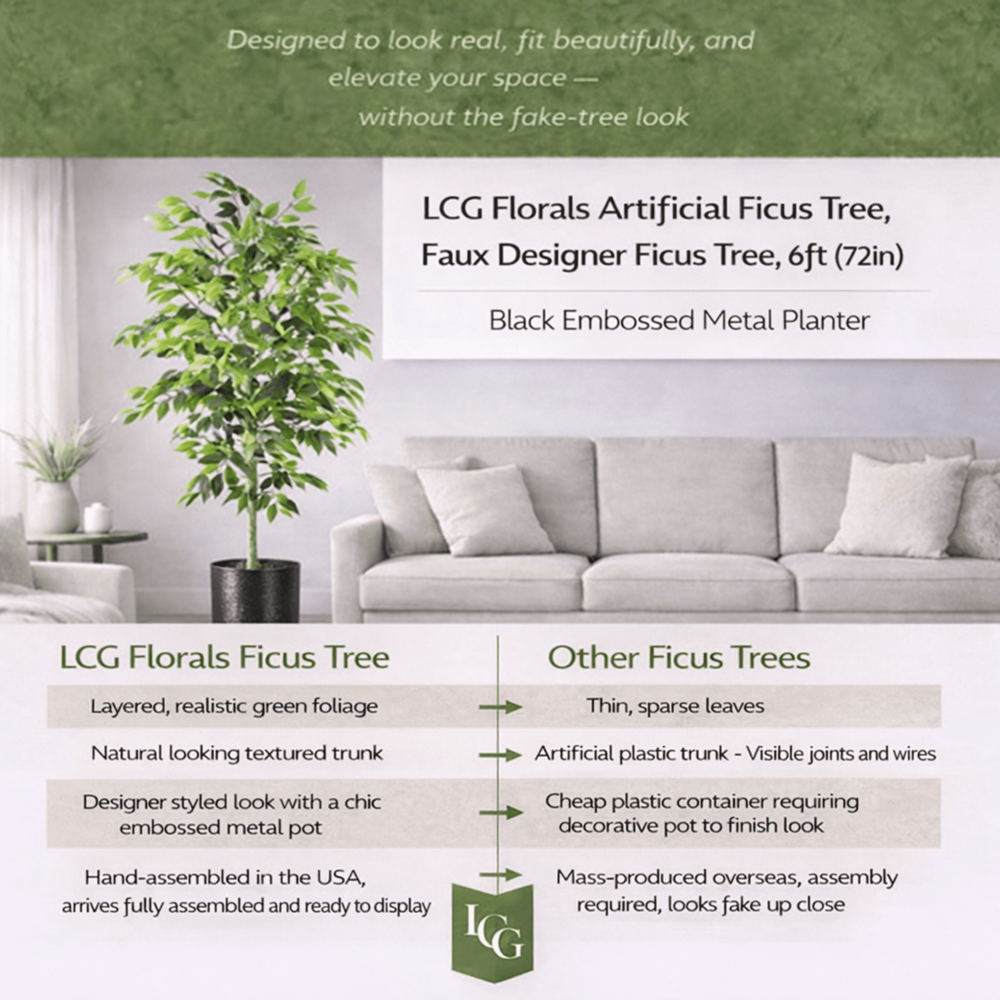 Artificial Tree, 6ft Artificial Designer Ficus Tree in a Black Embossed Metal Planter by LCG Florals, Faux Designer Fake Indoor Tree for Living Room, Office, and Home Décor