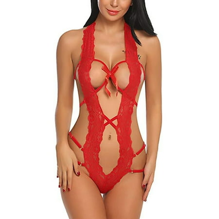 

Frontwalk Ladies Babydoll One Piece Bodysuit Lace Lingerie Women Mini Nightwear Halter Neck Sleepwear Red S
