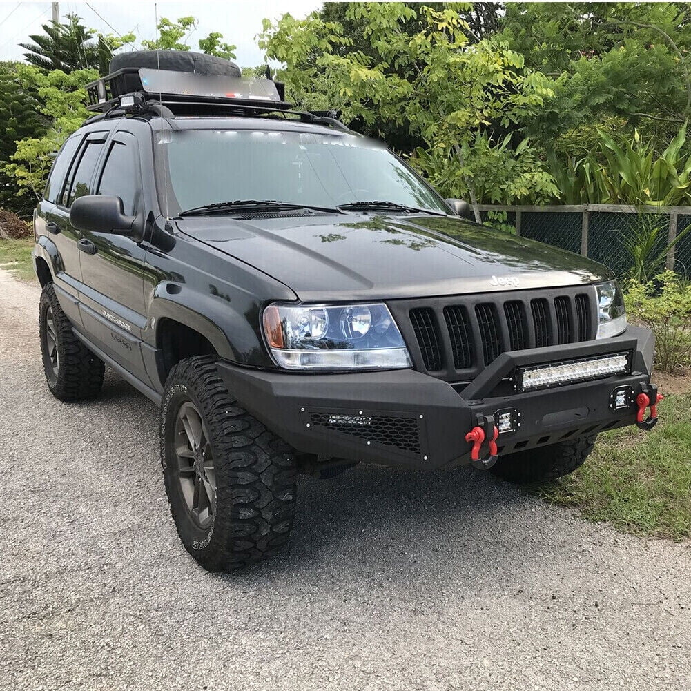 Vijay Compatible with 1999-2000-2001-2002-2003-2004 Jeep Grand Cherokee WJ Front and Rear Bumper Textured Black Steel with Light and D-ring