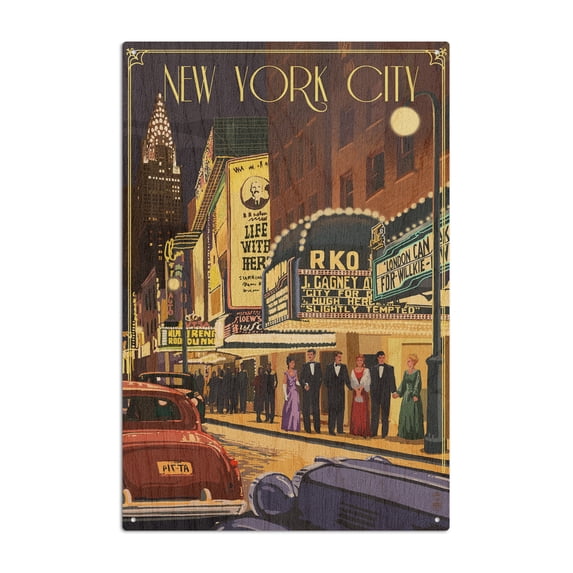 New York, Theater Scene Birch Wood Wall Sign (6x9 Rustic Home Decor, Ready to Hang Art)