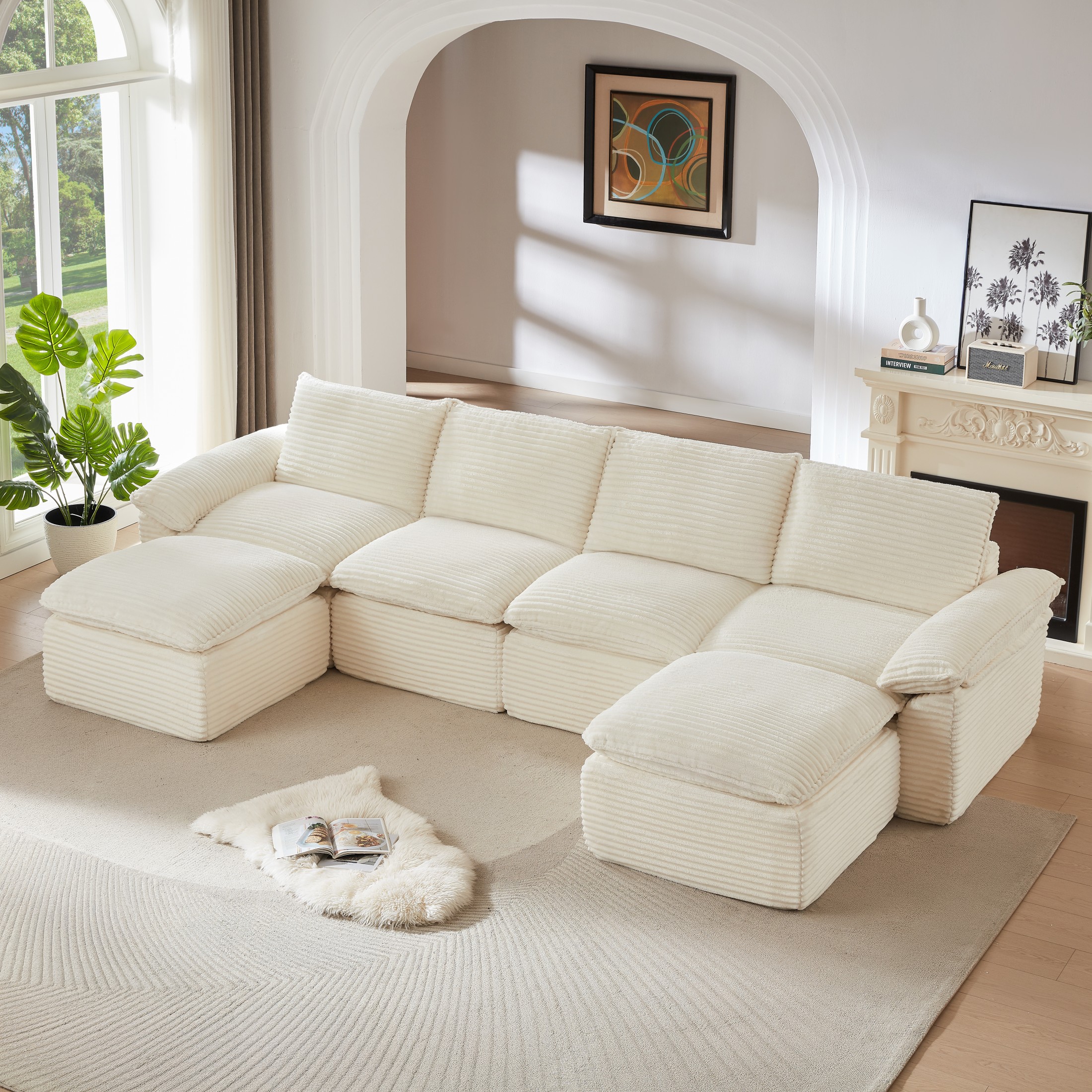 Aukfa 141.74" Oversized U-Shape Modular Sectional Cloud Sofa with Ottoman, Modern Comfy Deep Seat Corduroy Couch for Living Room, White