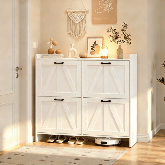 Light Oak Rustic Barn-Door Shoe Cabinet with 4 Flip Drawers, Sleek Space-Saving