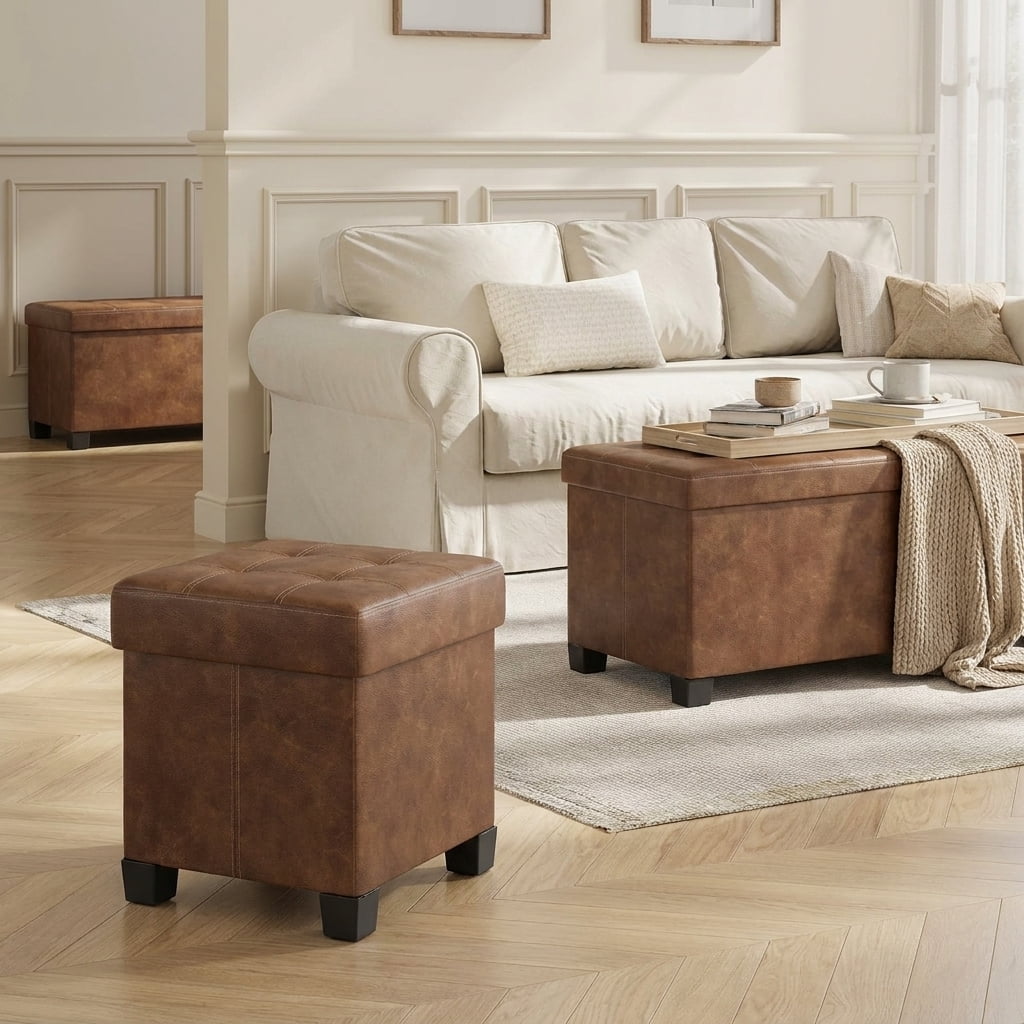 Ledrem Coffee Brown Foldable Ottoman Storage Bench, Footstool with 660 lb Capacity