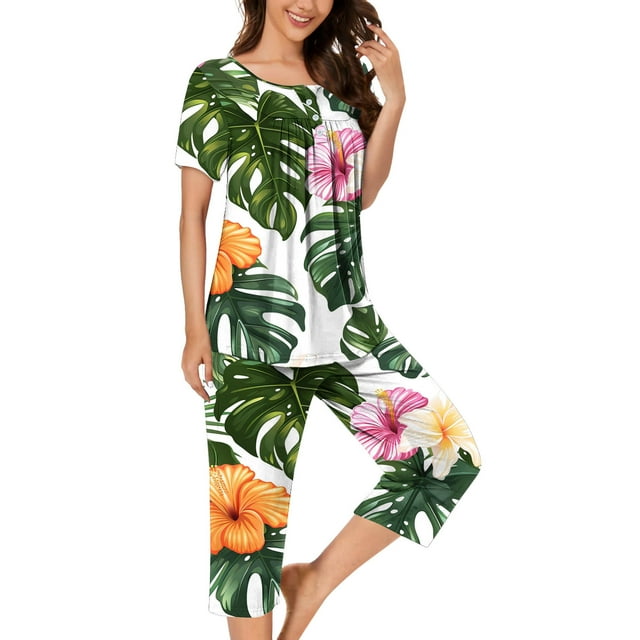 Pisexur Ensembles de Pyjama pour Femmes 2 Pcs Ensemble de Détente Élégant Boho Chemises de Nuit Florales pour Femmes Confort Décontracté Col Rond Manches Courtes Plissées T-Shirts Boutonnés Hauts et Pantalons Longueur Genou avec Poches