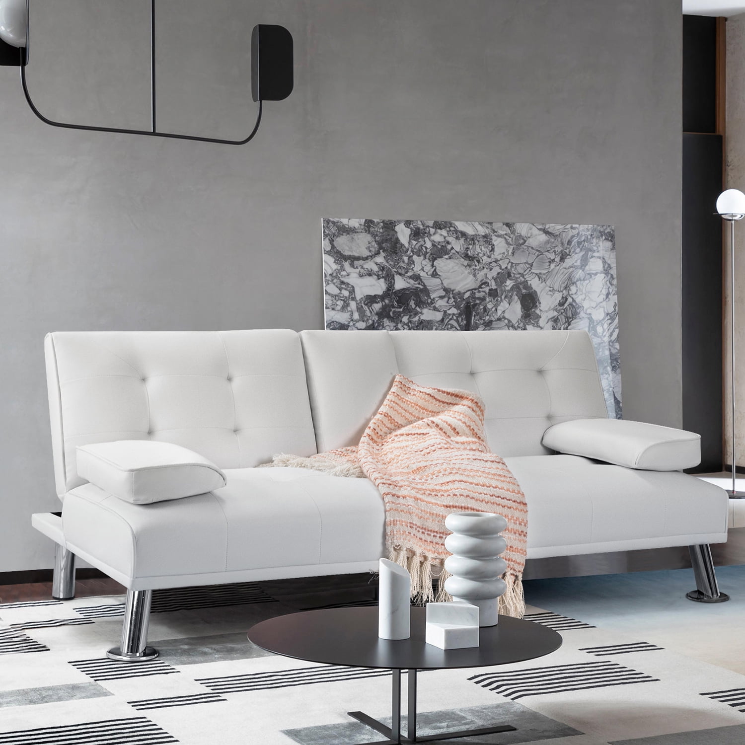 Vineego Modern Sofa Bed Faux Leather Couch Convertible Futon with Two Cupholders, White