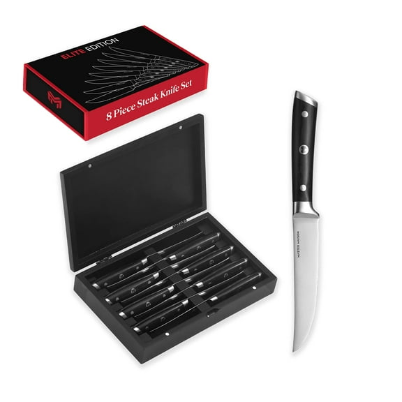 Master Maison 8-Piece 5" Ultra Premium Steak Knife Set - Steak Knives Set of 8 German Non-Serrated Stainless Steel   Wood Chef Gift Box - Anti-Fatigue Ergonomic Full-Tang Triple-Riveted Handle, Black
