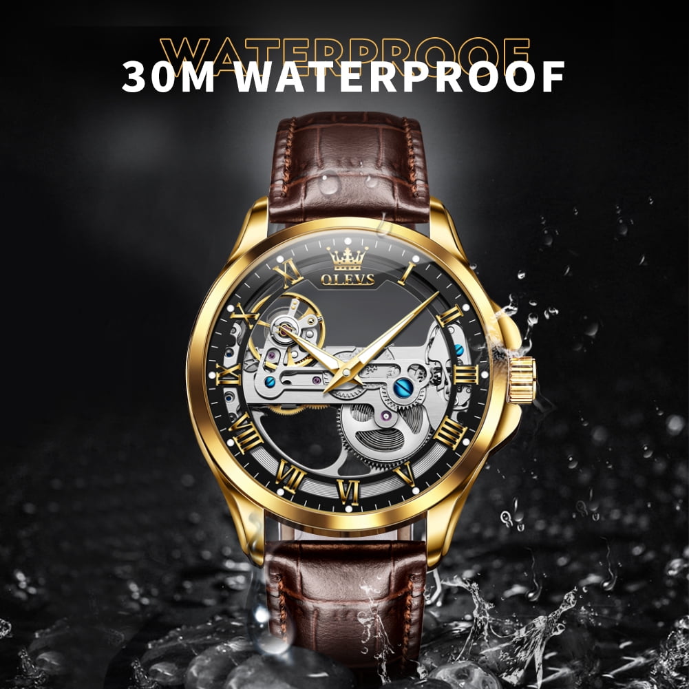 OLEVS Automatic Watches for Men Skeleton Brown Leather Band Large Face Self Winding Mechanical Mens Dress Watches Waterproof Easy to Read Luminous Business Casual Mens Wrist Watches Reloj Para Hombre
