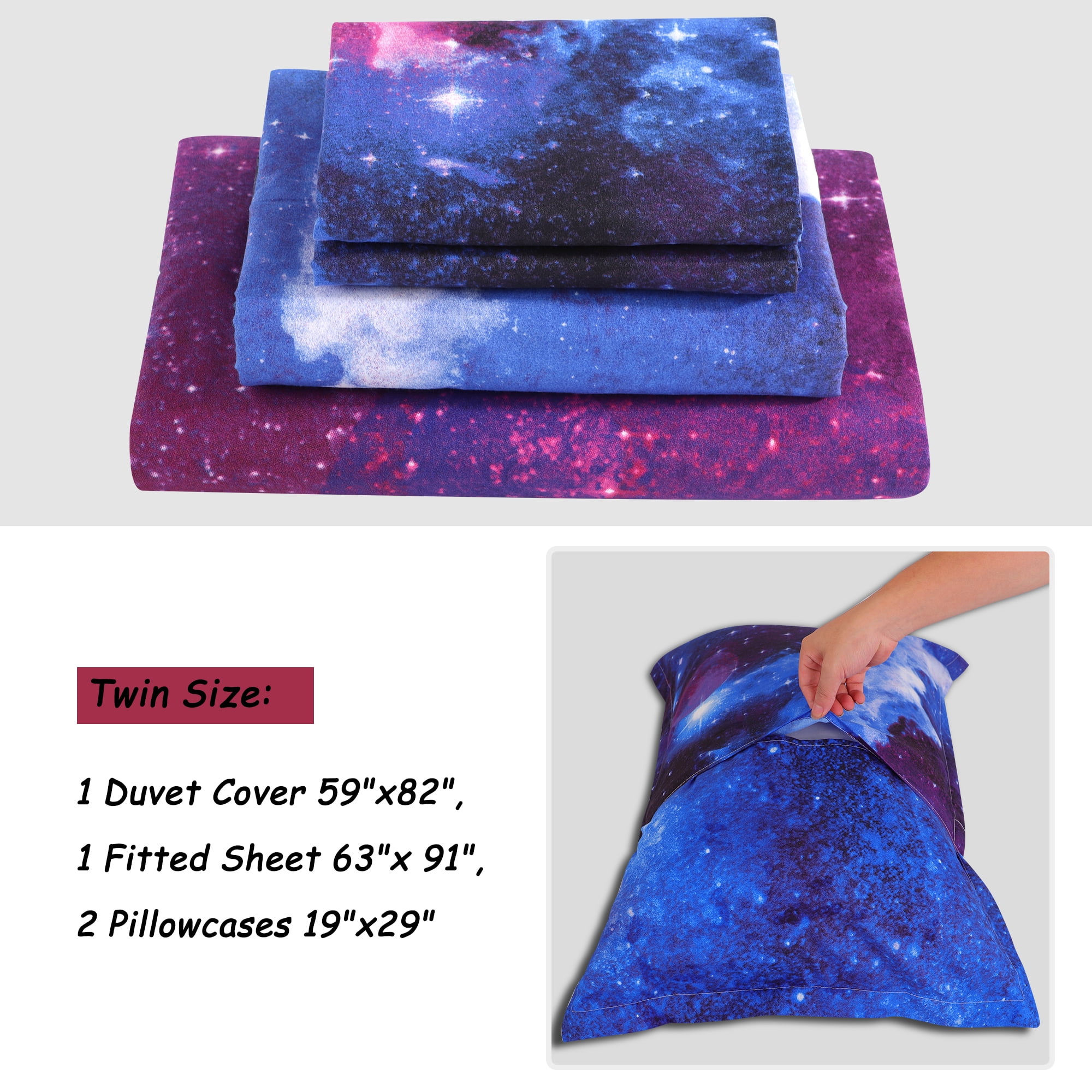 PiccoCasa 4pcs Galaxy Duvet Cover Set with Flat Sheet & Pillowcase, Blue Sky, Twin