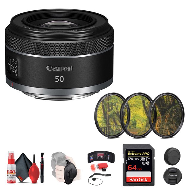 Canon RF 50mm f/1.8 STM Lens + 64GB SD Card + 3-Piece Filter Set + Memory Card Wallet + Hand Strap + Lens Cap Keeper + Cleaning Kit