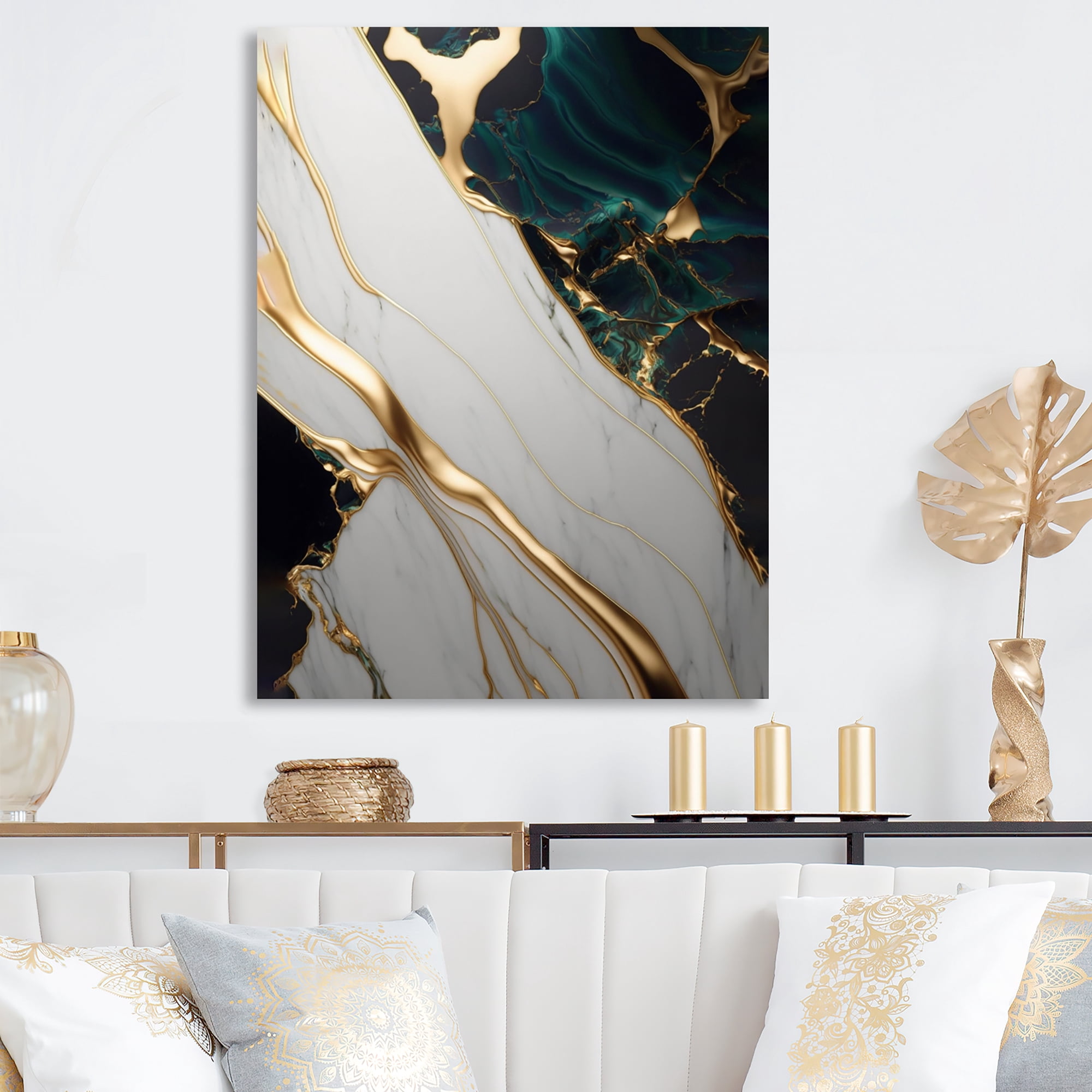 Designart Abstract Geode Gold And Green Marble II Canvas Wall Art