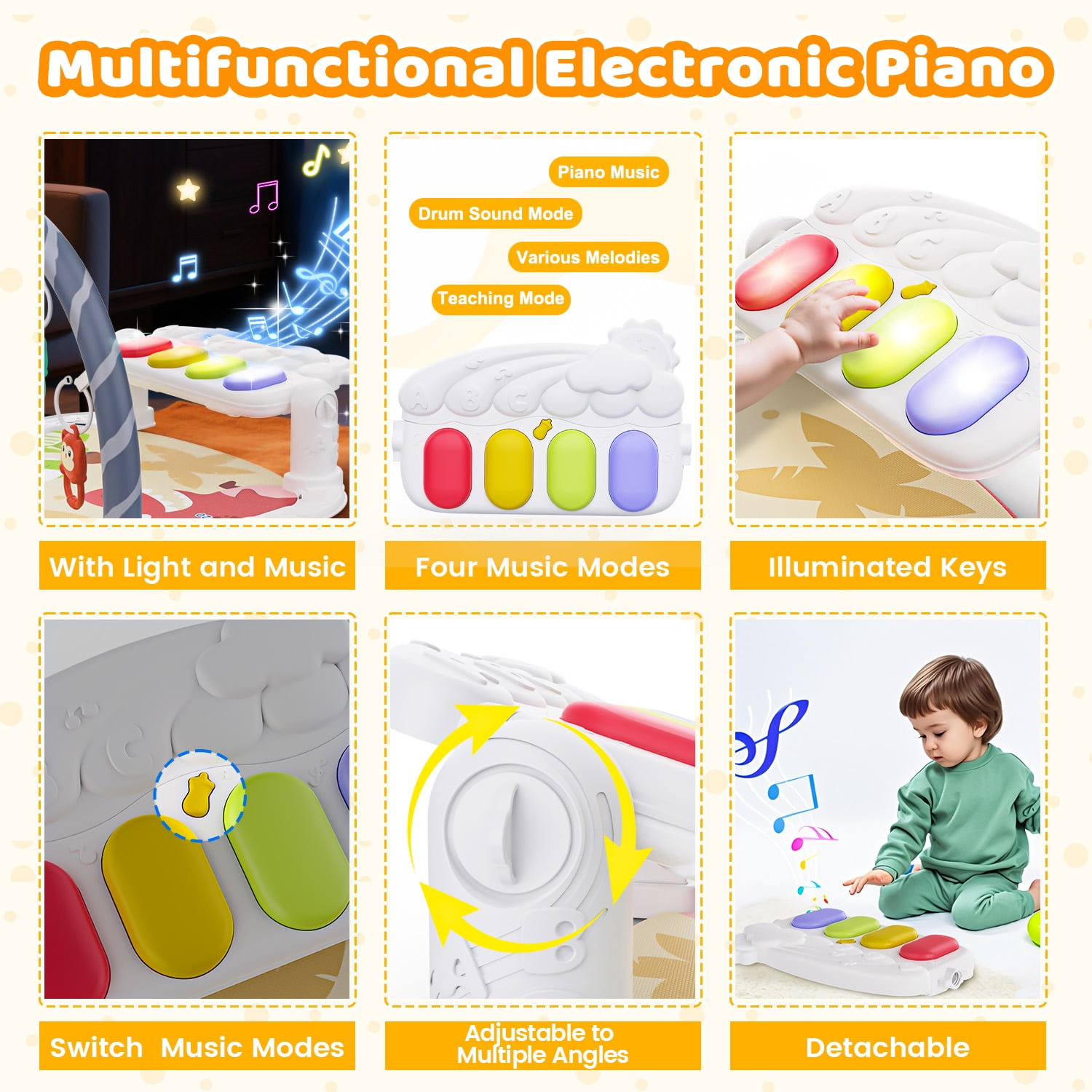 WonderStone Baby Gym Playmat for Infant,Tummy Time Water Mat with 5 Infant Sensory Baby Toys & Musical Piano Activity for 0-36 Months Boys Girls，Yellow