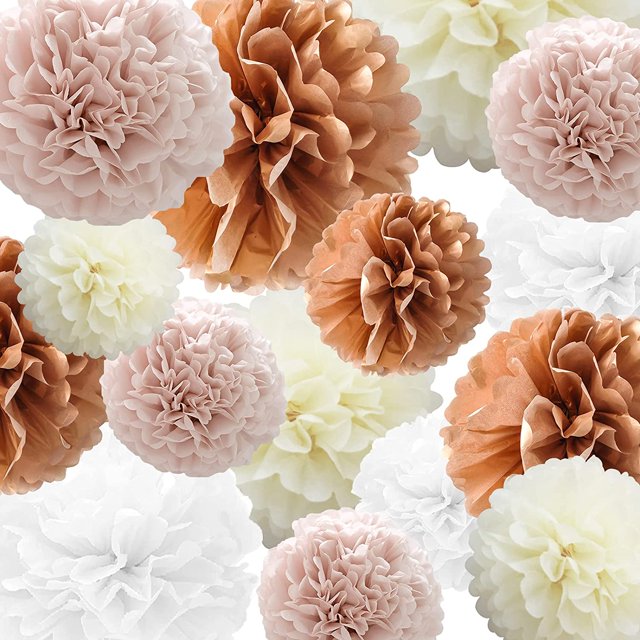Pompones de papel de seda Flor de papel 24 piezas Rosa polvoriento, Oro rosa, Marfil, Bola de flores de papel blanco para cumpleaños Despedida de soltera Boda Baby Shower Fiesta de despedida de solter Namotu HFP-0476
