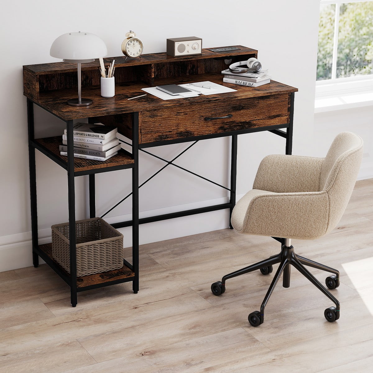 Computer Desk with Drawer and 2-tier Shelf Writing Gaming Desk with Top Shelf for Home Office