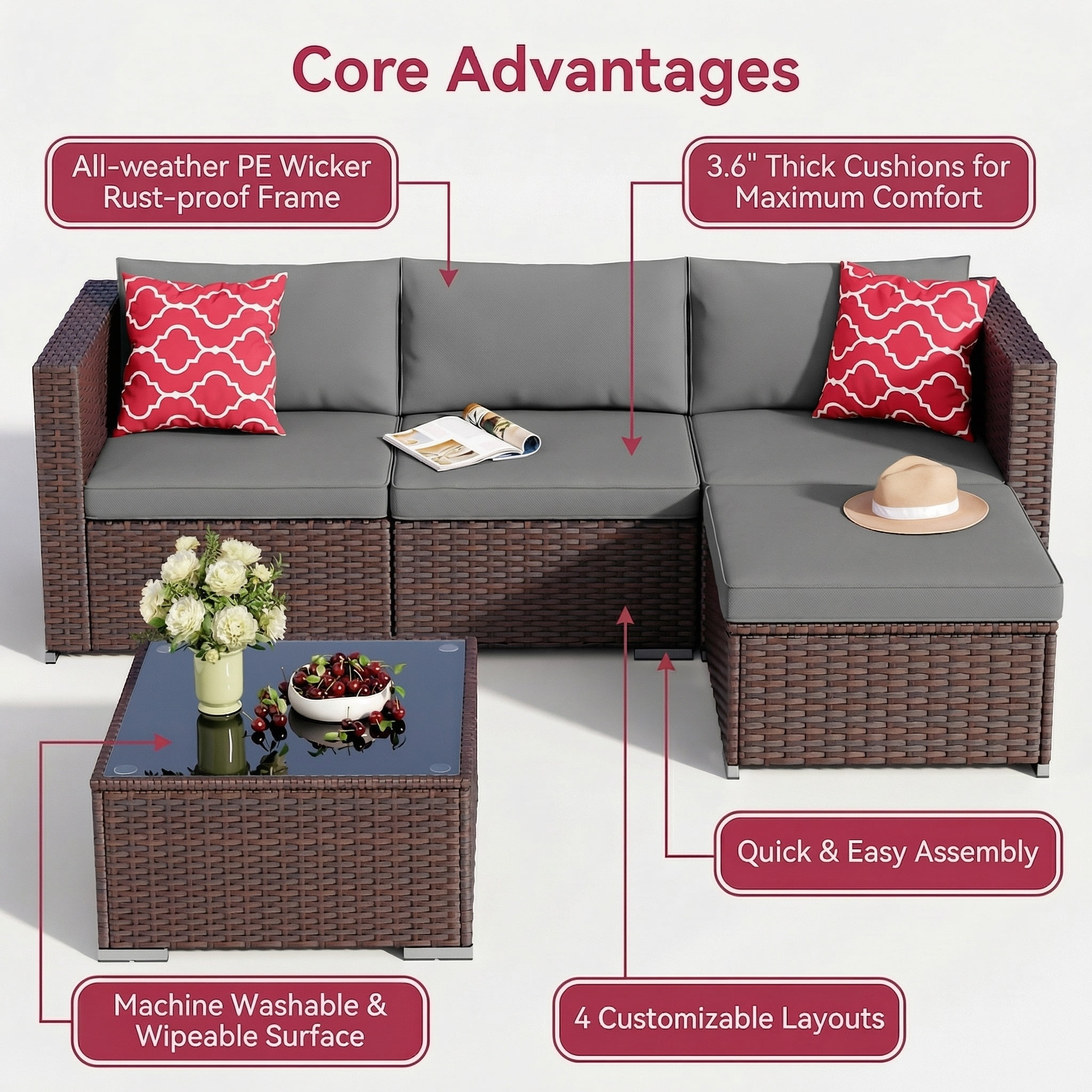 Patio Furniture Set on Sale, Lofka 5 Pieces Outdoor Furniture Set, Conversation Patio Set with Glass Coffee Table,Thicken Gray Cushions, Water Resistant
