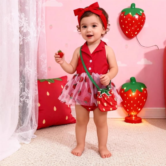 ZHOGXU Big Kids Girls Dress Sleeveless Turndown Collar Patchwork Strawberry Print Mesh Comfortable Stylish Dresses For Party Red 9-12 Months