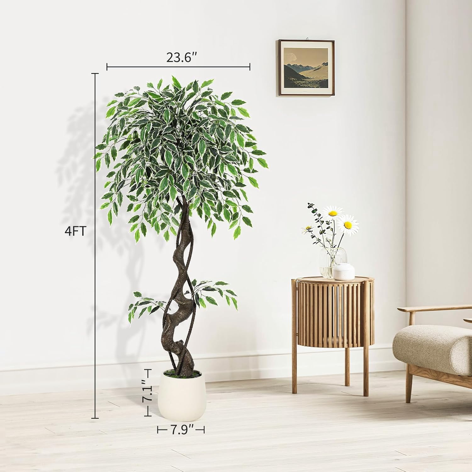 EastVita Artificial Plant Ficus Tree Curved Tree Trunk with White Pot