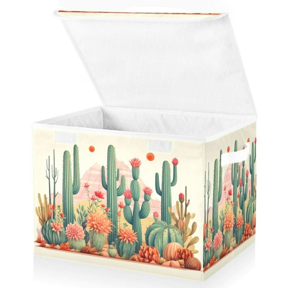 Large Lidded Foldable Storage Baskets Cubes Boxes Lids Bin for Home Bedroom Office Cactus Flowers